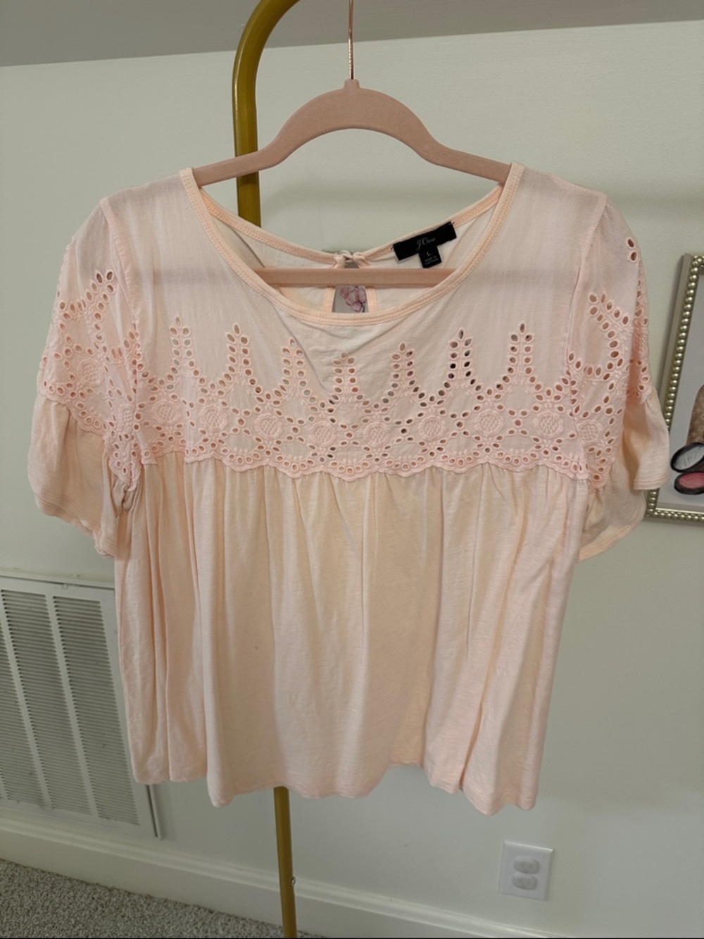 J. Crew Light Pink Eyelet Yoke Short Sleeve Blouse